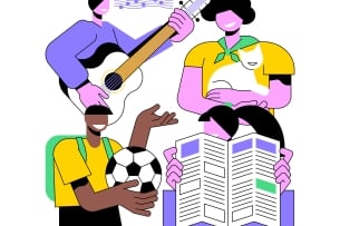 A cartoon drawing depicts four people engaged in different extracurricular activities, ranging from sports, to music, to volunteering, to student media: one holds a soccer ball, one a guitar, one a cat and one a newspaper.