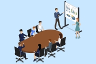 Illustration: people sit around conference table with person at the head of the table gesticulating toward two people describing charts on a whiteboard