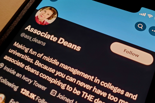 A phone displaying the Associate Deans Twitter account, with a photo of Imelda Staunton as Dolores Umbridge in the profile photo spot.