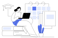 Concept image featuring an illustrated woman with a laptop sitting on large textbooks, with both a calendar and a graduation cap in the background. Colors are blue, black and white.